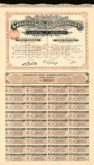 Canadian Coal Consolidated Limited - 1910 dated Canada Stock Certificate